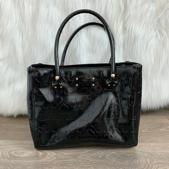 Kate Spade Quinn Embossed Ace Of Spades Tote Bag Black Patent Leather Satchel - Picture 2 of 11